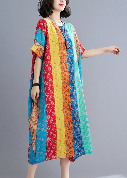 Blau Grün Gestreiftes Patchwork Langes Kleid Kurzarm