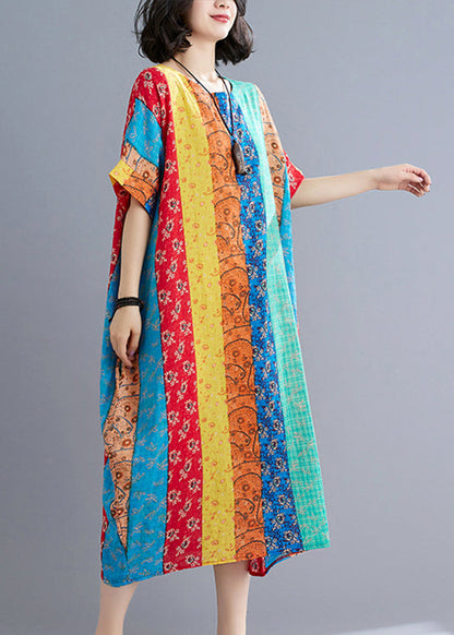 Blau Grün Gestreiftes Patchwork Langes Kleid Kurzarm