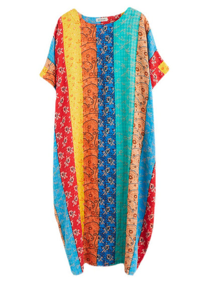 Blau Grün Gestreiftes Patchwork Langes Kleid Kurzarm