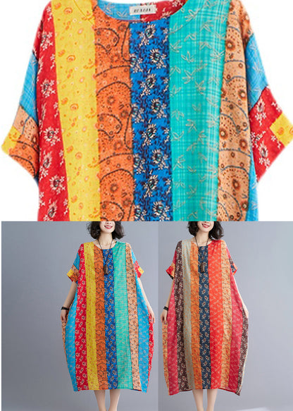 Blau Grün Gestreiftes Patchwork Langes Kleid Kurzarm