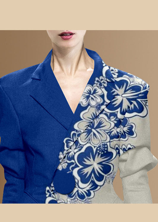 Blau Grau Print Slim Fit Mäntel Knopf Peter Pan Kragen Langarm