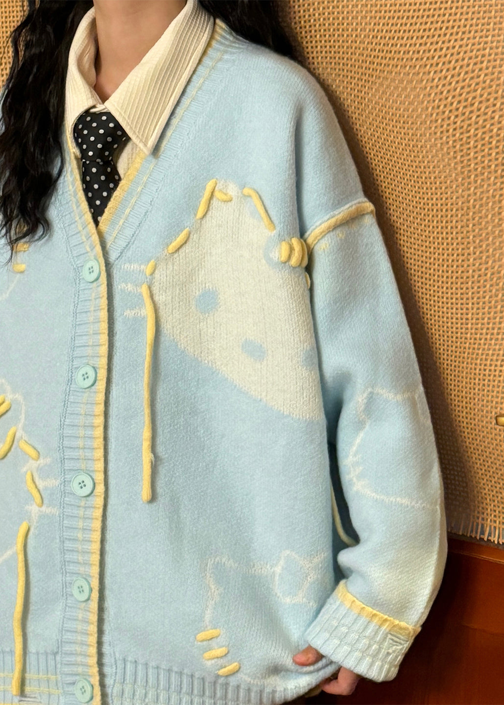 Blue Hole Cats Patchwork Knit Coats V Neck