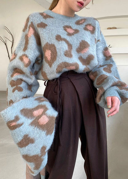 Conjunto de dos piezas de punto acogedor en jacquard azul con cuello redondo para invierno