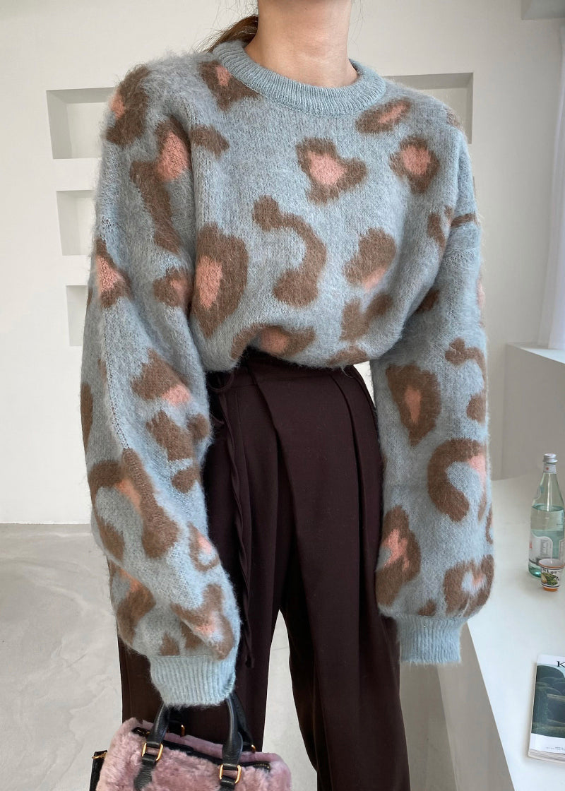 Conjunto de dos piezas de punto acogedor en jacquard azul con cuello redondo para invierno