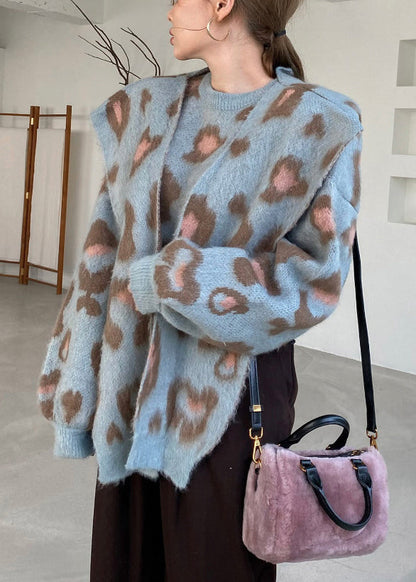 Conjunto de dos piezas de punto acogedor en jacquard azul con cuello redondo para invierno