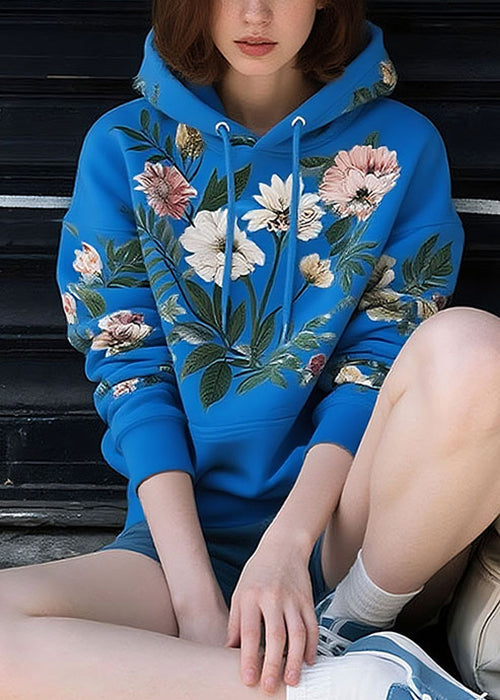 Blue Lace Up Print Cotton Pullover Sweatshirt Hooded Spring