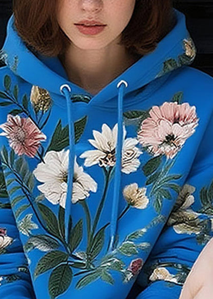 Blue Lace Up Print Cotton Pullover Sweatshirt Hooded Spring