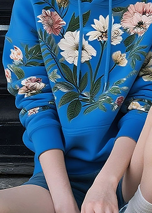 Blue Lace Up Print Cotton Pullover Sweatshirt Hooded Spring