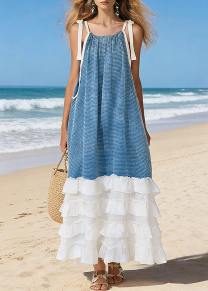Blue Lace Up Ruffled Patchwork Cotton Spaghetti Strap Dress Sleeveless