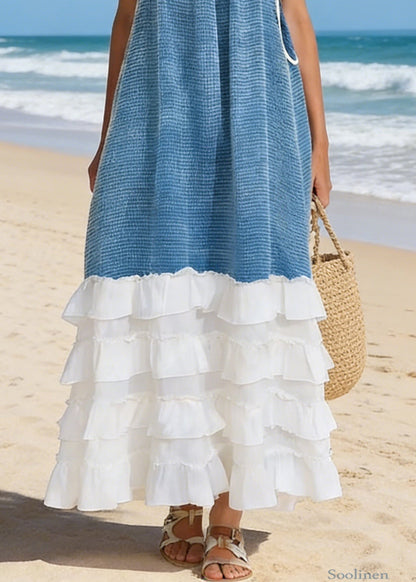 Blue Lace Up Ruffled Patchwork Cotton Spaghetti Strap Dress Sleeveless