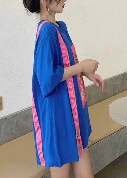 Blue Loose Top O-Neck Asymmetrical Half Sleeve