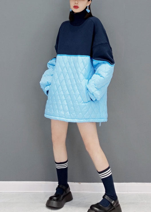 Blau Lose stricken Patchwork Feine Baumwolle Gefüllt Kleider Frühling