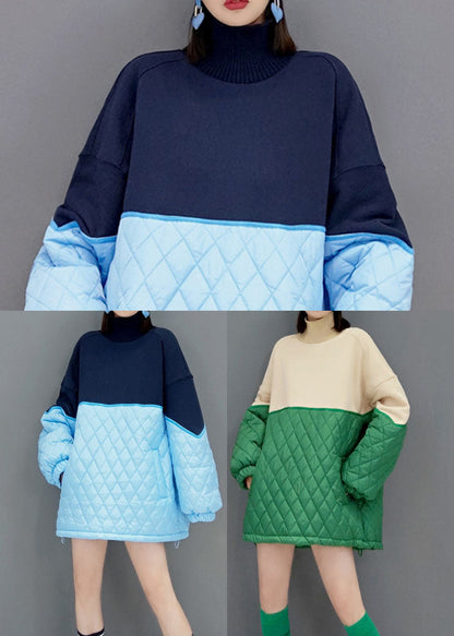 Blau Lose stricken Patchwork Feine Baumwolle Gefüllt Kleider Frühling