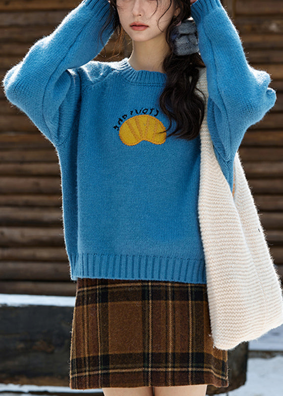 Blue O-Neck Patchwork Cozy Cotton Knit Sweater Spring