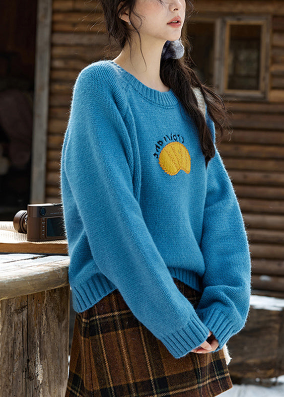 Blue O-Neck Patchwork Cozy Cotton Knit Sweater Spring