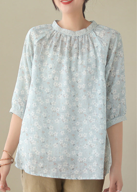 Camisas de ramio con patchwork y cuello redondo azul, manga media