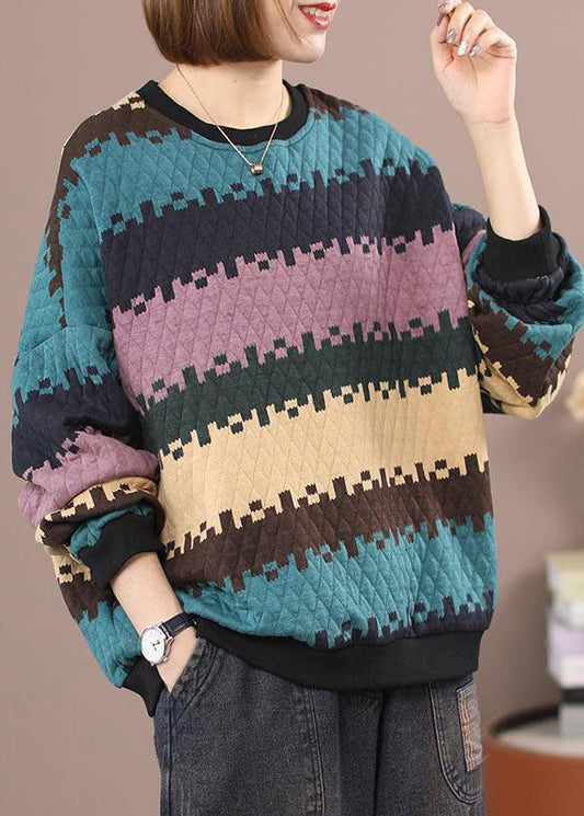Blaues O-Ausschnitt Patchwork Gestreiftes Sweatshirt Winter