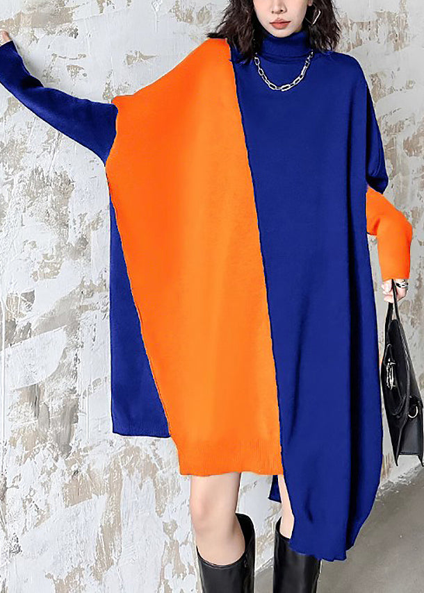 Blue Orange Turtleneck Patchwork Cotton Knit Sweater Dress Fall