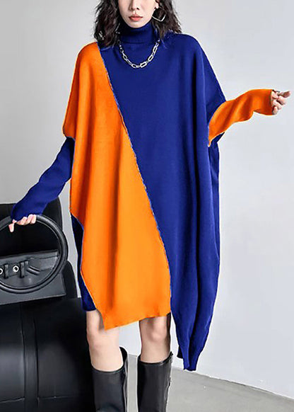 Blue Orange Turtleneck Patchwork Cotton Knit Sweater Dress Fall