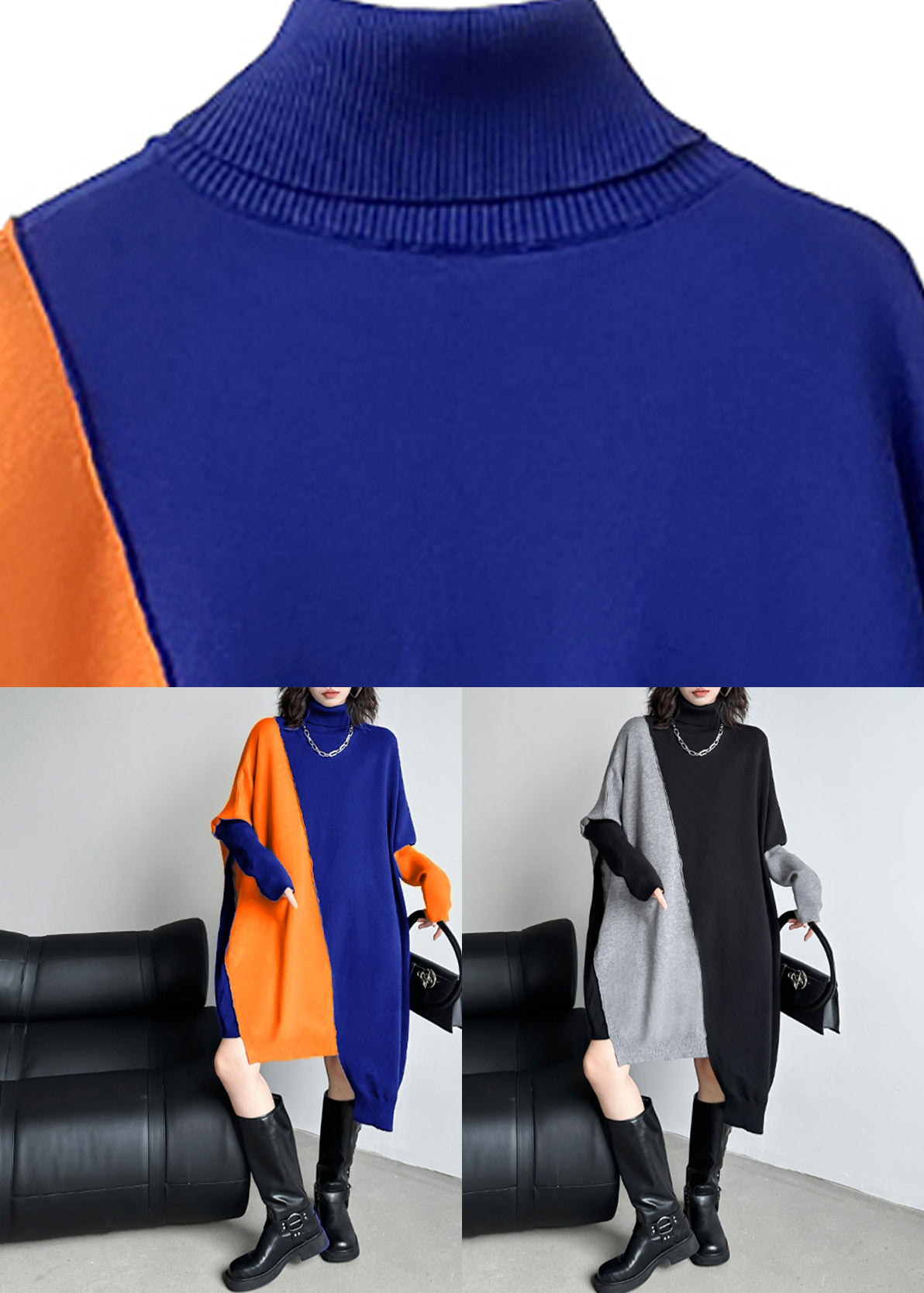 Blue Orange Turtleneck Patchwork Cotton Knit Sweater Dress Fall