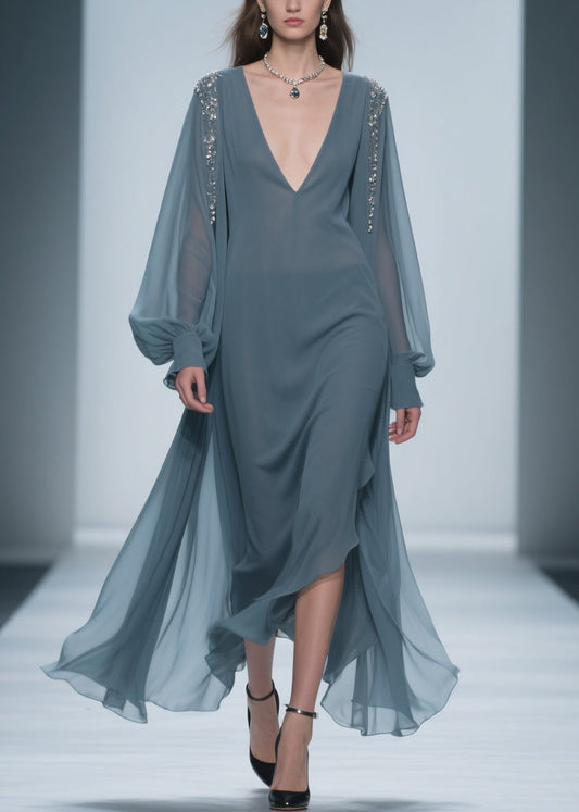 Blue Original Design Solid Chiffon Dress V Neck Lantern Sleeve