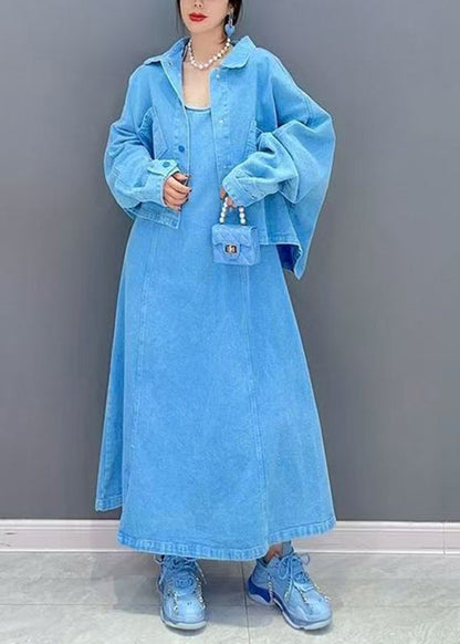 Blue Patchwork Button Coats And Maxi Dresses Two-Piece Set Fall