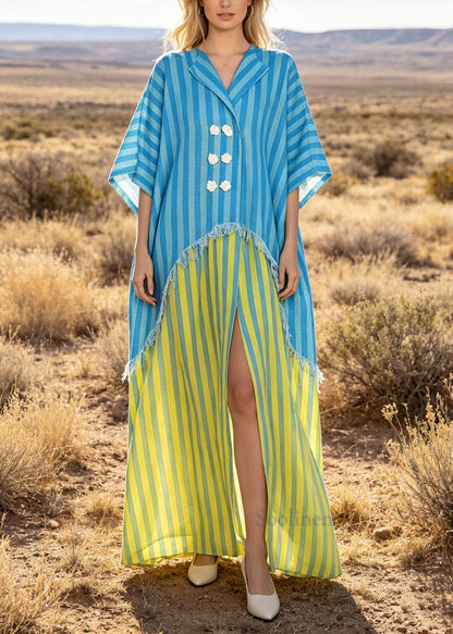 Blue Patchwork Cotton Robe Dresses Oversized Striped Summer