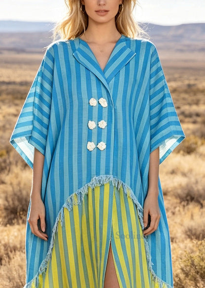 Blue Patchwork Cotton Robe Dresses Oversized Striped Summer