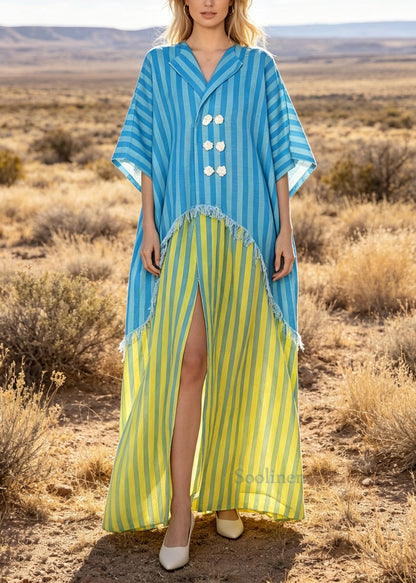 Blue Patchwork Cotton Robe Dresses Oversized Striped Summer