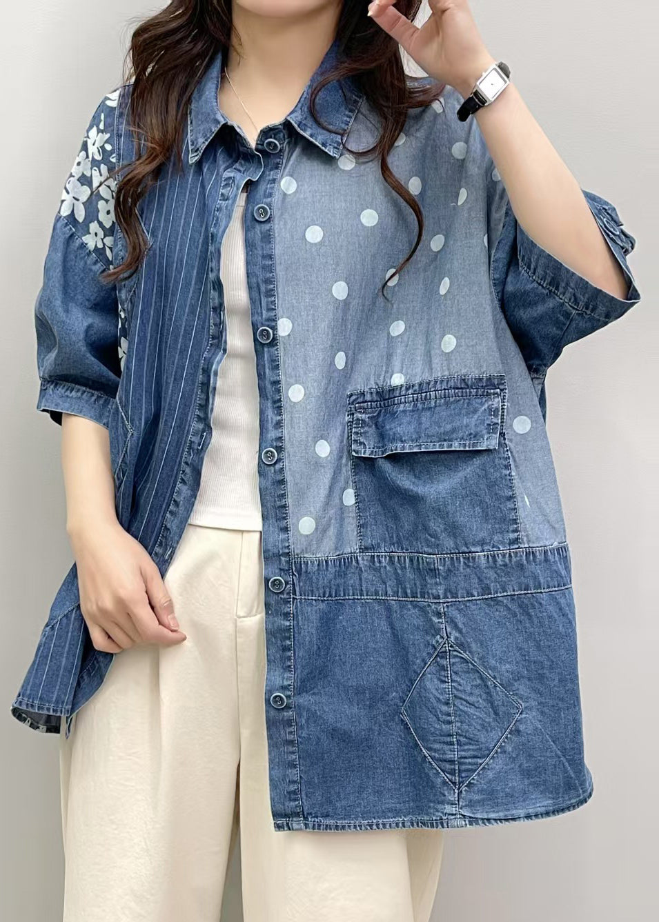 Blue Patchwork Denim Blouses Asymmetrical Summer