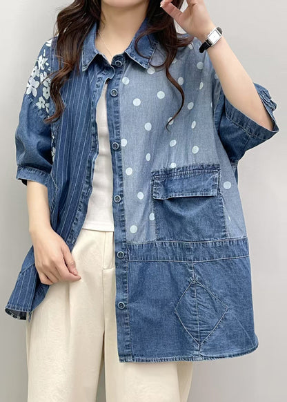 Blue Patchwork Denim Blouses Asymmetrical Summer