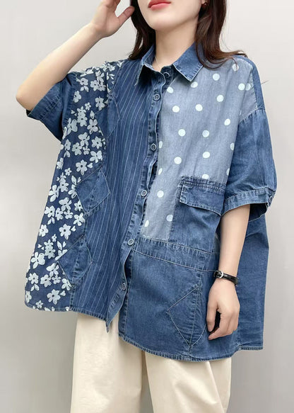 Blue Patchwork Denim Blouses Asymmetrical Summer