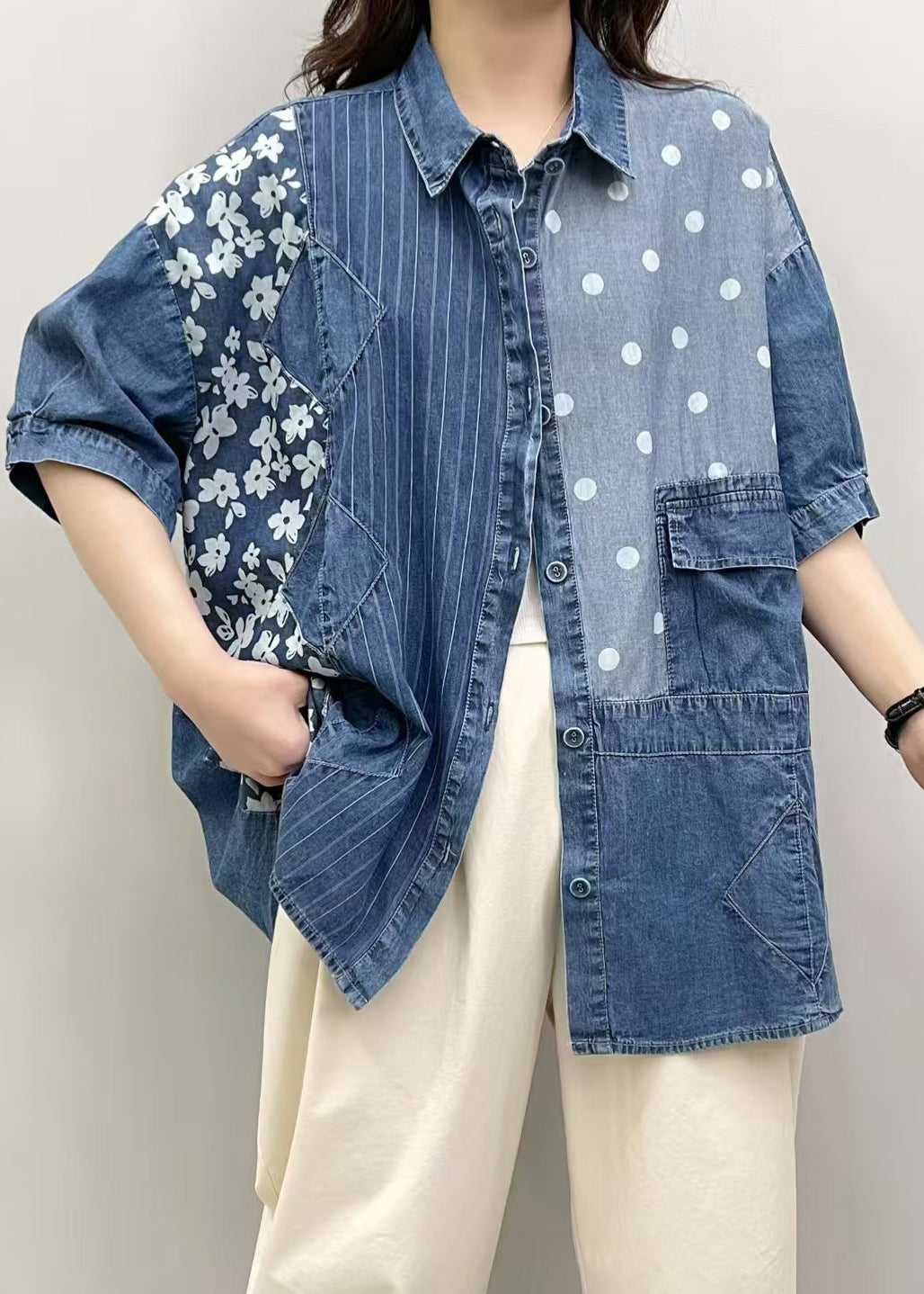 Blue Patchwork Denim Blouses Asymmetrical Summer