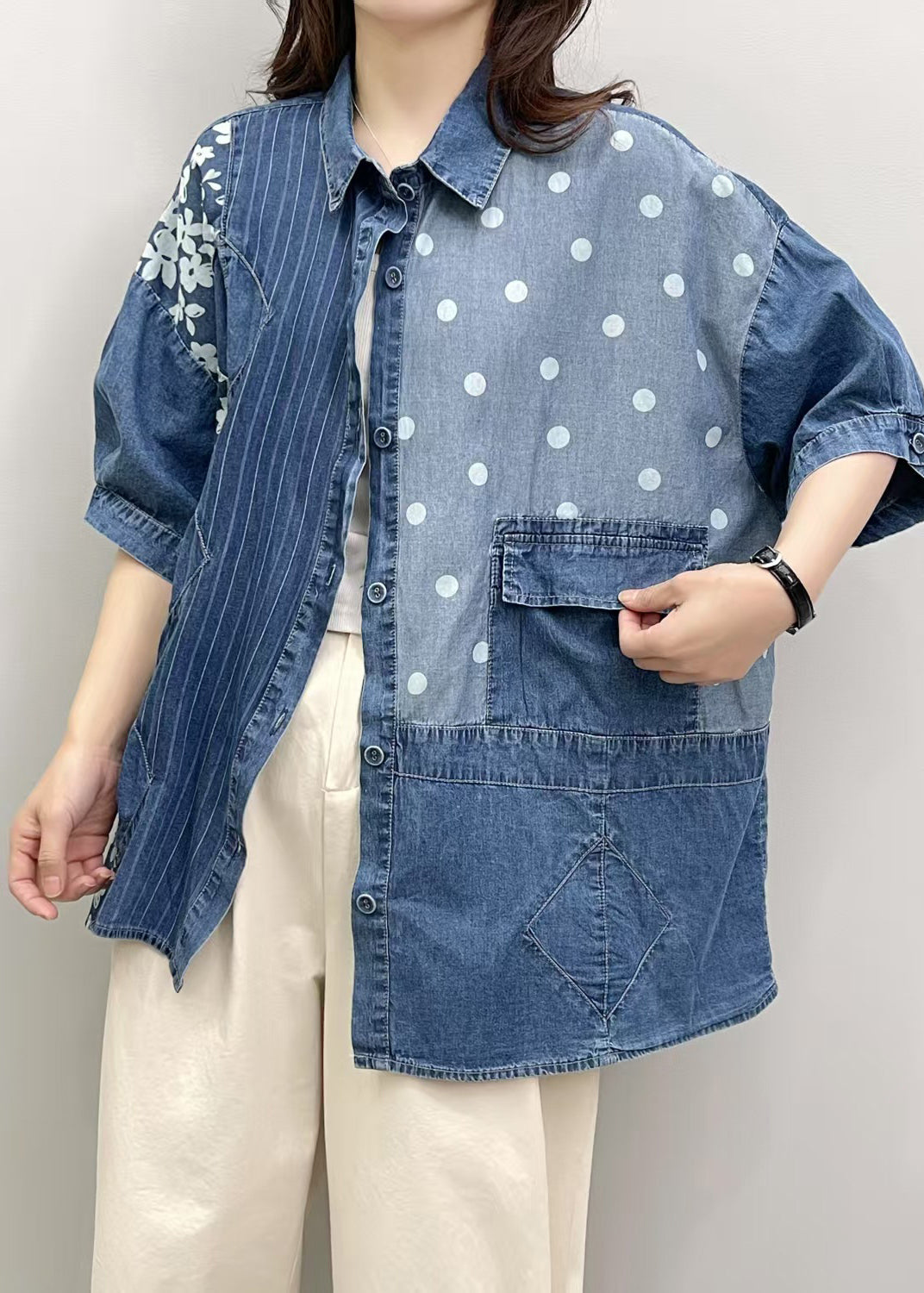 Blue Patchwork Denim Blouses Asymmetrical Summer