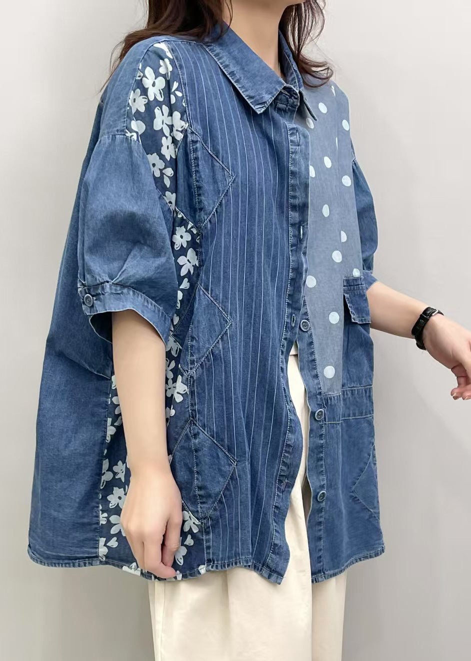 Blue Patchwork Denim Blouses Asymmetrical Summer