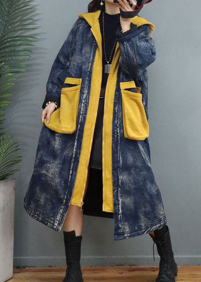 Blue Patchwork Fine Cotton Filled Hooded Winter Coat