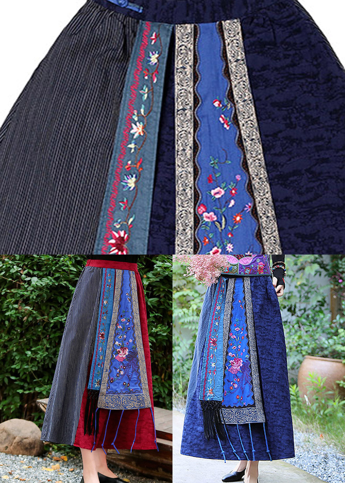 Blaue Patchwork-Maxiröcke mit hoher Taille und Quaste