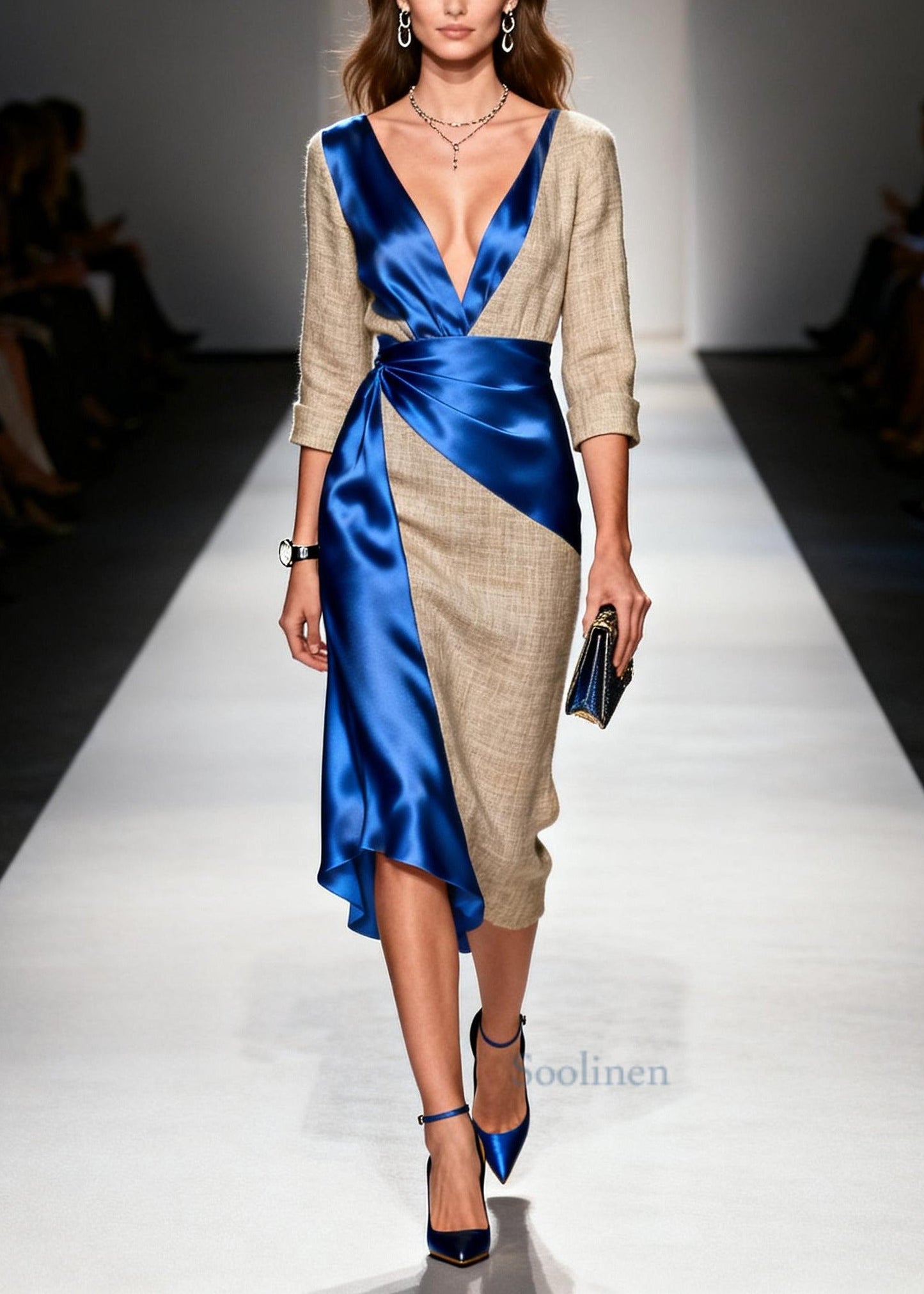 Blue Patchwork Linen Silk Dress Asymmetrical Design Summer