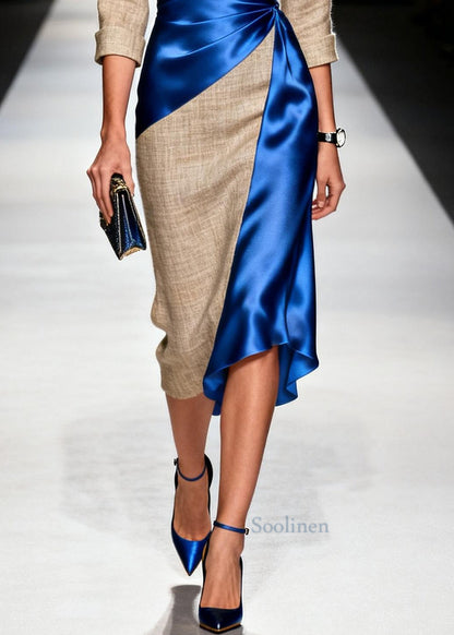Blue Patchwork Linen Silk Dress Asymmetrical Design Summer