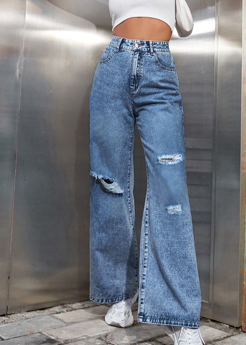 Blue Patchwork Pockets Ripped Denim Pants Fall