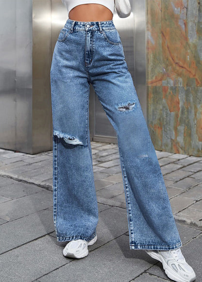 Blue Patchwork Pockets Ripped Denim Pants Fall