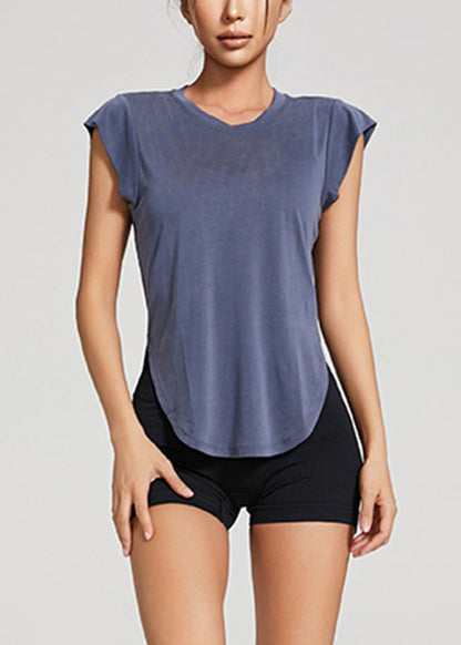 Blue Patchwork Solid Loose Yoga Top Summer