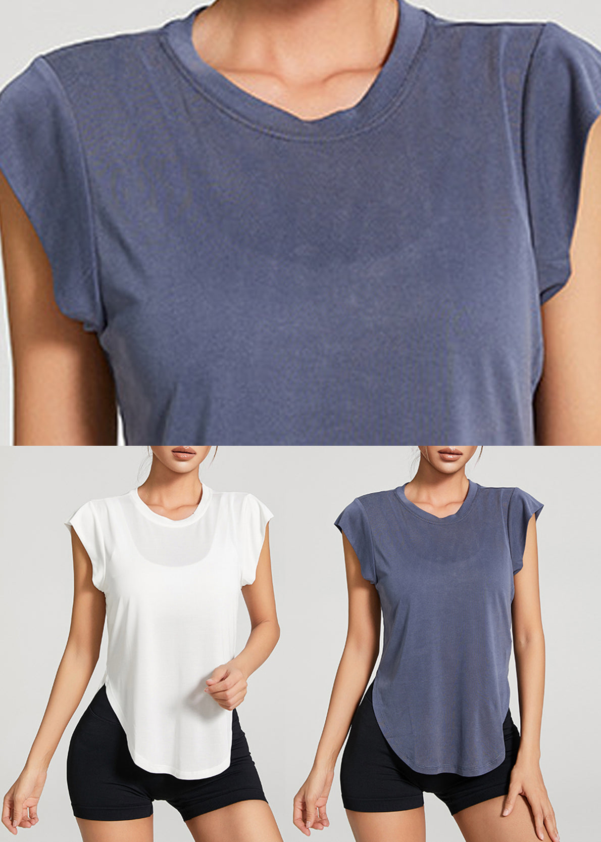 Blue Patchwork Solid Loose Yoga Top Summer