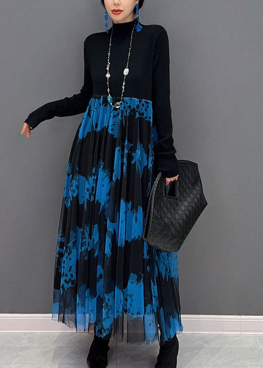 Blau Patchwork Tüll Strick Party Kleid Stehkragen Slim Fit Frühling