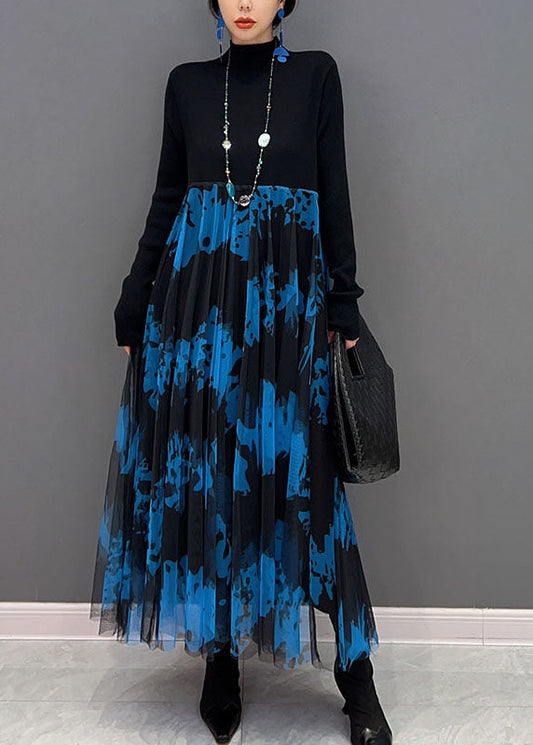 Blau Patchwork Tüll Strick Party Kleid Stehkragen Slim Fit Frühling