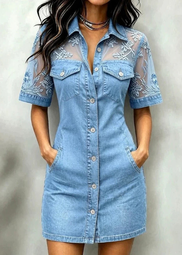 Blue Peter Pan Collar Lace Patchwork Denim Vacation Dress Short Sleeve