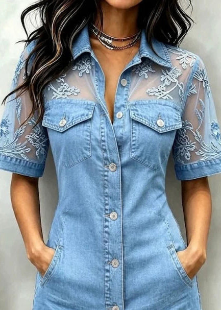 Blue Peter Pan Collar Lace Patchwork Denim Vacation Dress Short Sleeve