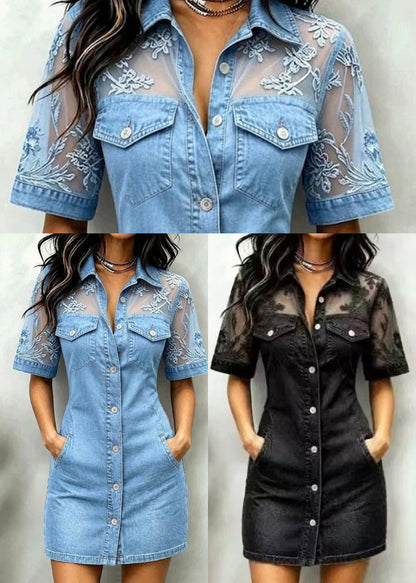 Blue Peter Pan Collar Lace Patchwork Denim Vacation Dress Short Sleeve