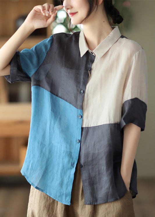 Top de manga corta de ramio liso con patchwork a cuadros azules