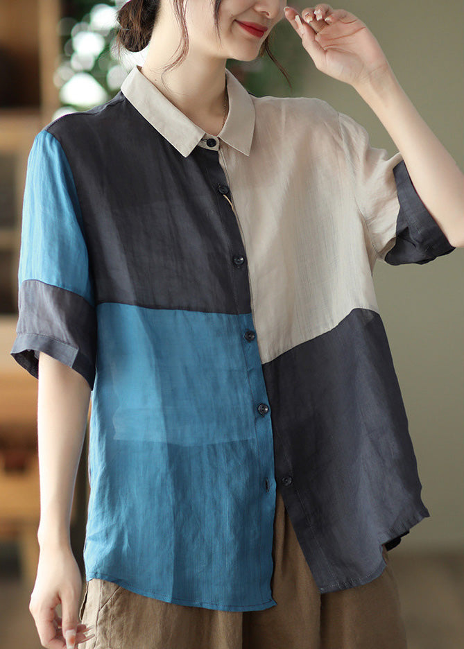 Blaues kariertes Patchwork-Oberteil aus festem Ramie mit kurzen Ärmeln